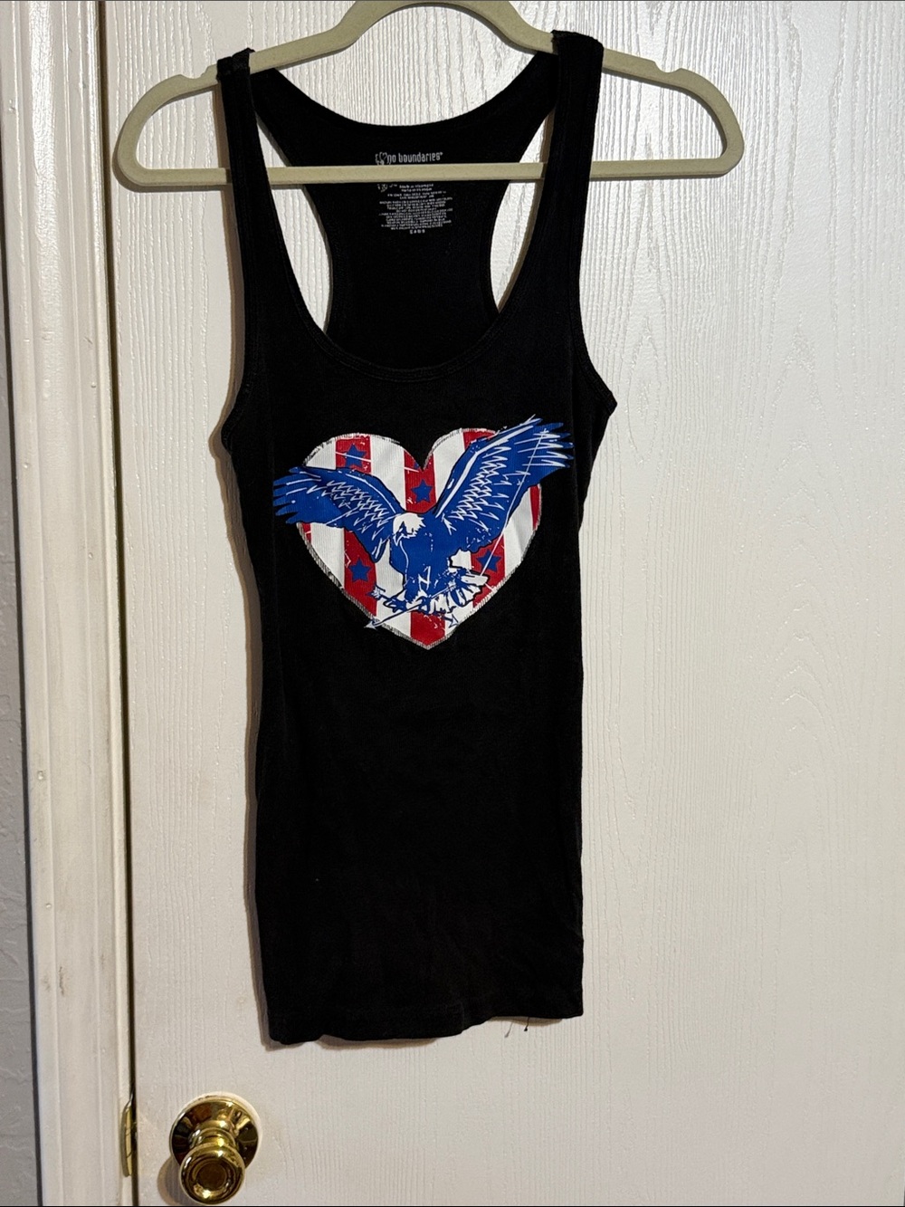 No Boundaries Black Tank with Blue Eagle and Red-White Heart Graphic